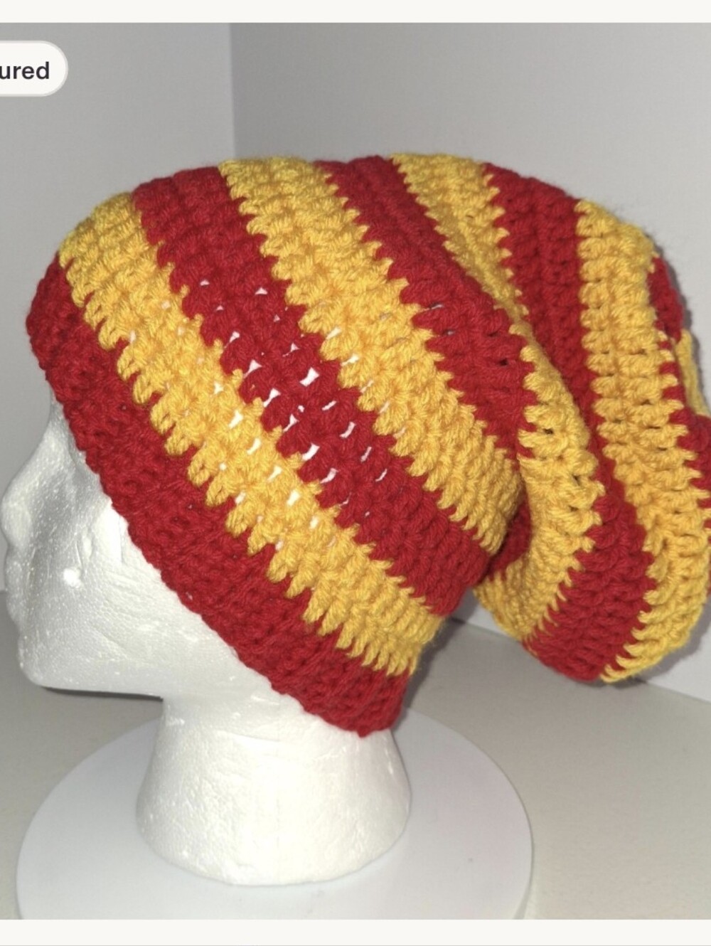 Beanie Slouchy Cap XL Red And Gold Striped Crocheted Handmade